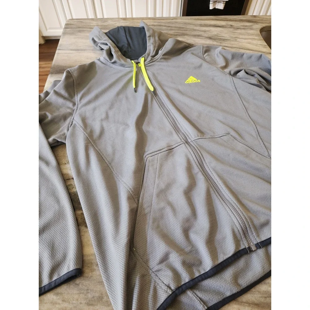 Adidas Mens 2XL Gray Neon Yellow Full Zip Mesh Fleece Lined Hoodie Jacket